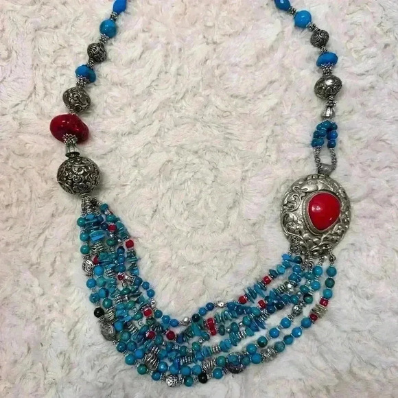 Tibetan Nepalese repousse conch Turquoise Vintage pendant & Capped Bead Necklace - Picture 1 of 17